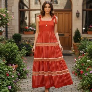 A loves A Terracotta Striped Maxi Dress with Adjustable Tie Bow Straps Large EUC